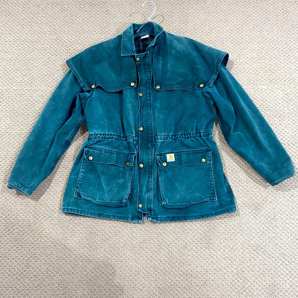 VINTAGE Carhartt Chore Jacket Distress Green CW043 Cape 90s Denim Coat VTG